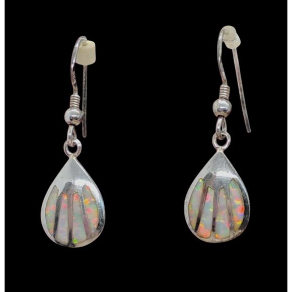 Native Navajo Signed AK Sterling Silver Inlay Opal Dangle Earrings Colorful Irid - Picture 2 of 6